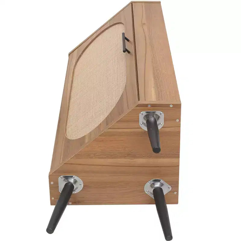 Meuble d'angle en noyer avec porte en rotin, meuble de rangement autoportant pour le salon et les petits espaces