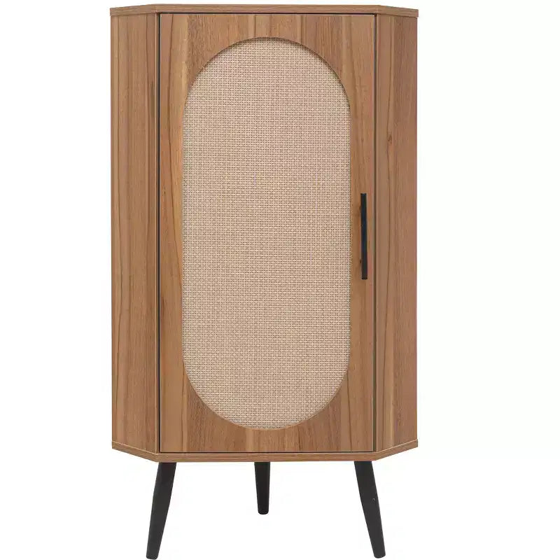 Meuble d'angle en noyer avec porte en rotin, meuble de rangement autoportant pour le salon et les petits espaces