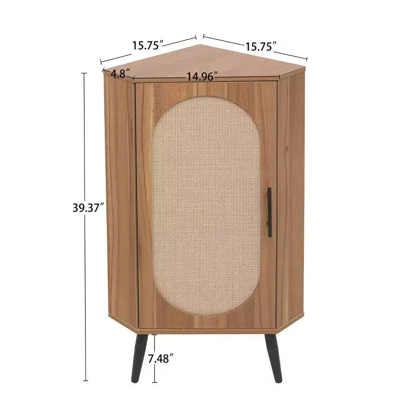 Meuble d'angle en noyer avec porte en rotin, meuble de rangement autoportant pour le salon et les petits espaces