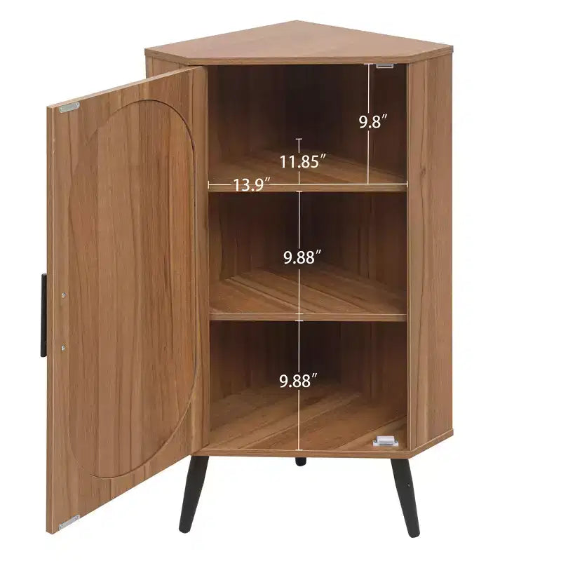 Meuble d'angle en noyer avec porte en rotin, meuble de rangement autoportant pour le salon et les petits espaces