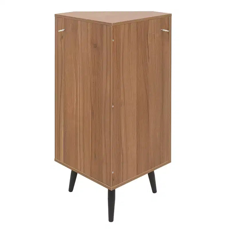 Meuble d'angle en noyer avec porte en rotin, meuble de rangement autoportant pour le salon et les petits espaces