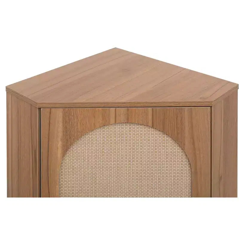 Meuble d'angle en noyer avec porte en rotin, meuble de rangement autoportant pour le salon et les petits espaces