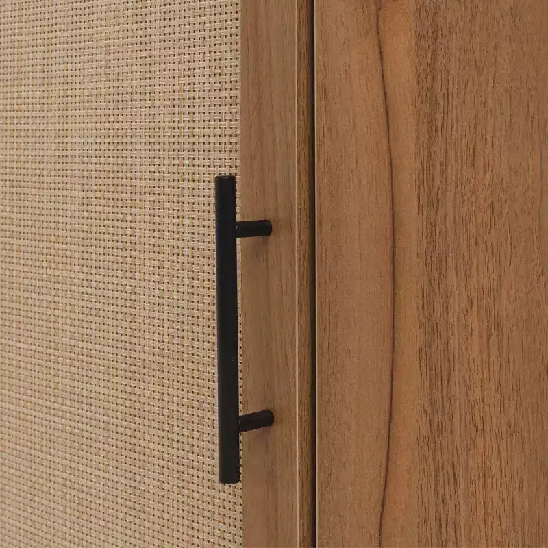 Meuble d'angle en noyer avec porte en rotin, meuble de rangement autoportant pour le salon et les petits espaces