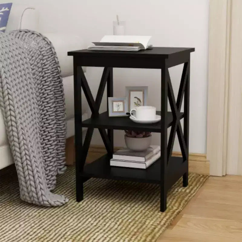 Petite table d'appoint noire en MDF avec pieds en croix, 61 cm H x 40 cm L