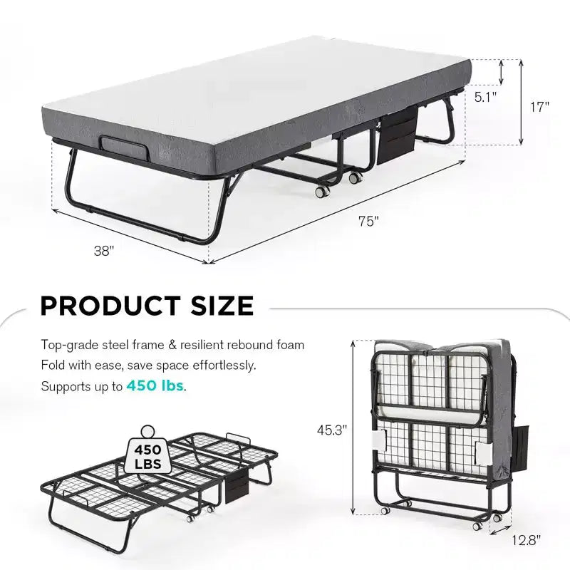 Lit pliant 96 cm avec matelas inclus, lit de jour pour invités