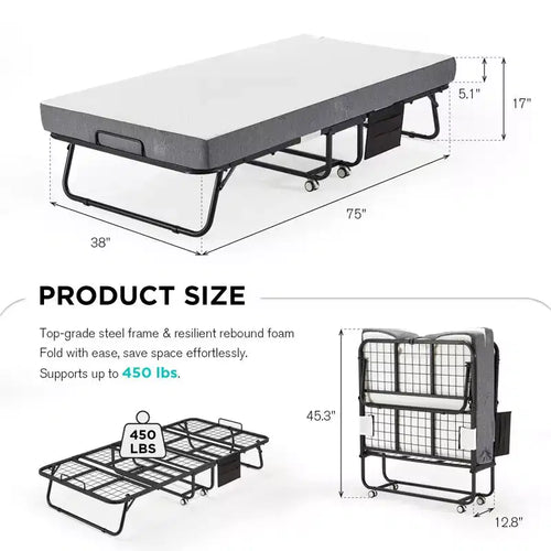 Lit pliant 96 cm avec matelas inclus, lit de jour pour invités