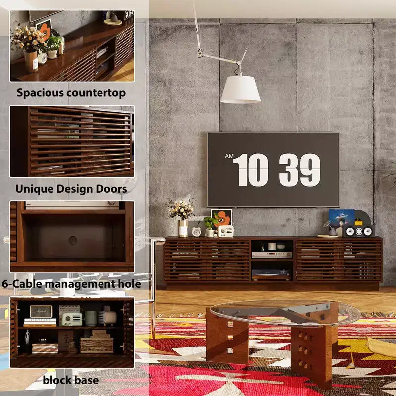 Meuble TV avec portes à persiennes brun rustique et grand espace de rangement