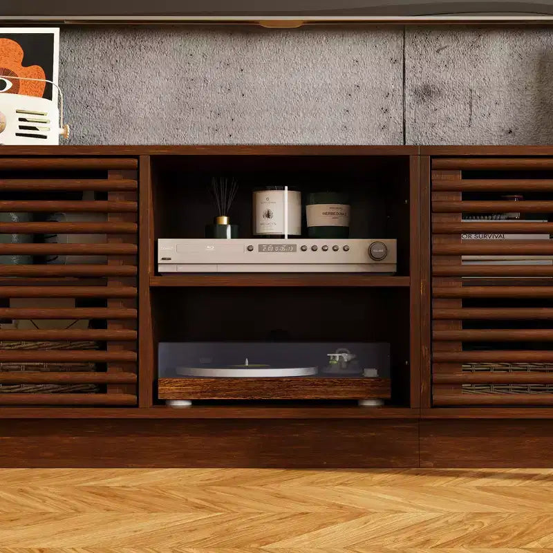 Meuble TV avec portes à persiennes brun rustique et grand espace de rangement