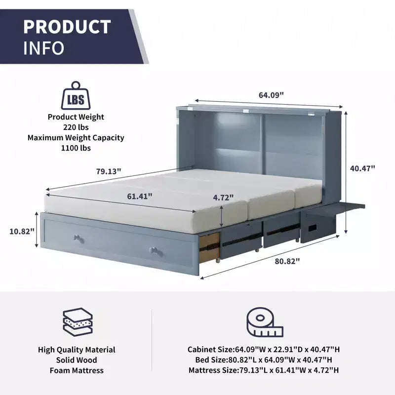 Armoire lit escamotable Queen Size avec port de charge USB, tiroir de rangement et matelas