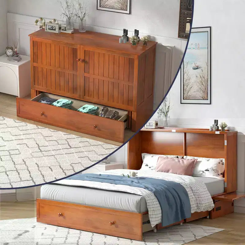 Armoire lit escamotable Queen Size avec port de charge USB, tiroir de rangement et matelas