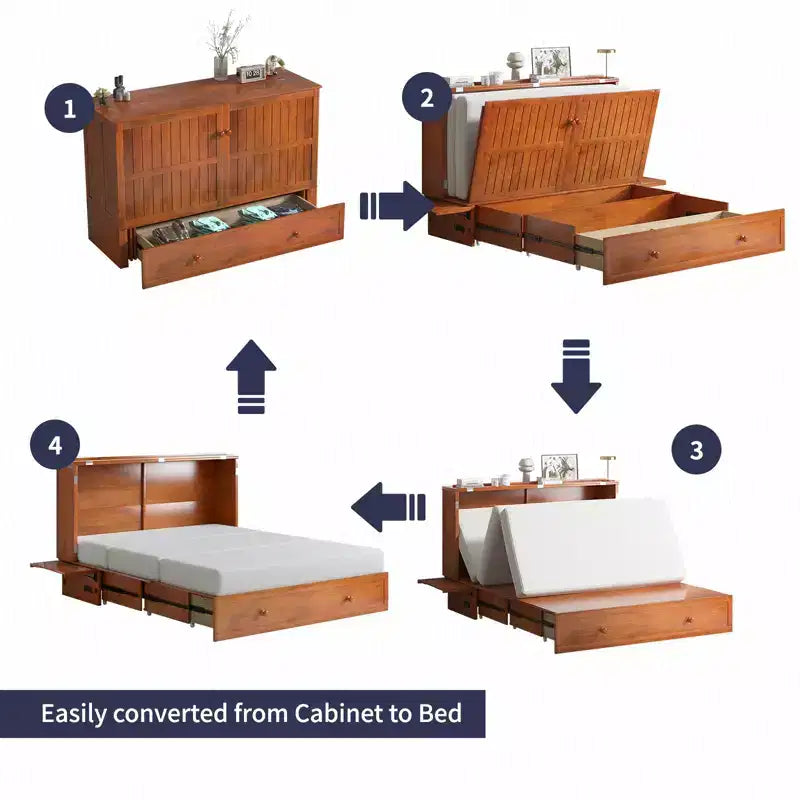 Armoire lit escamotable Queen Size avec port de charge USB, tiroir de rangement et matelas