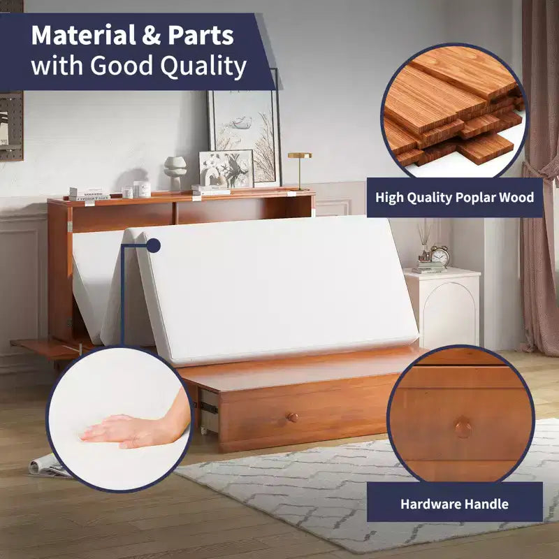 Armoire lit escamotable Queen Size avec port de charge USB, tiroir de rangement et matelas