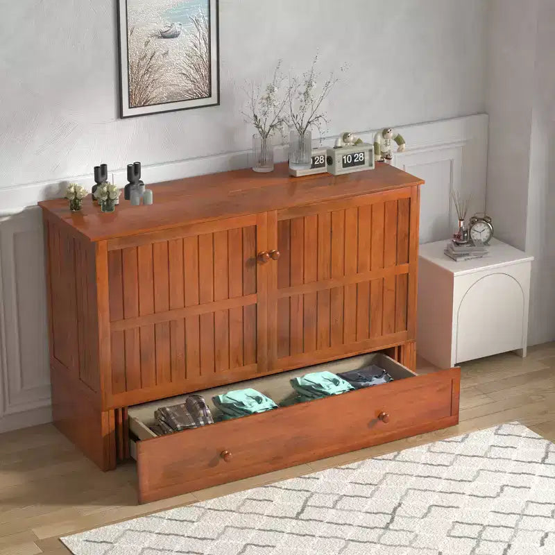 Armoire lit escamotable Queen Size avec port de charge USB, tiroir de rangement et matelas