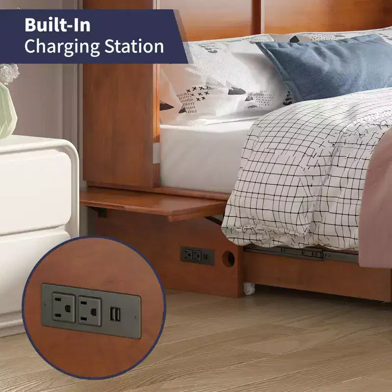 Armoire lit escamotable Queen Size avec port de charge USB, tiroir de rangement et matelas