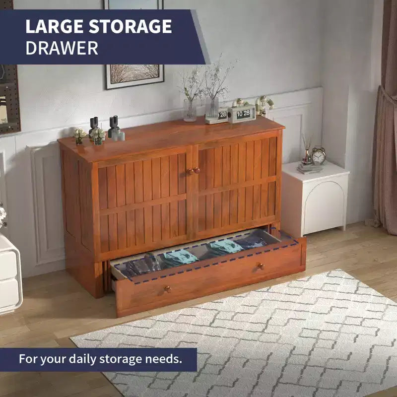 Armoire lit escamotable Queen Size avec port de charge USB, tiroir de rangement et matelas