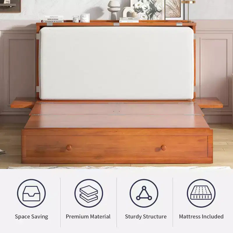 Armoire lit escamotable Queen Size avec port de charge USB, tiroir de rangement et matelas