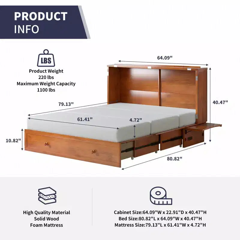 Armoire lit escamotable Queen Size avec port de charge USB, tiroir de rangement et matelas
