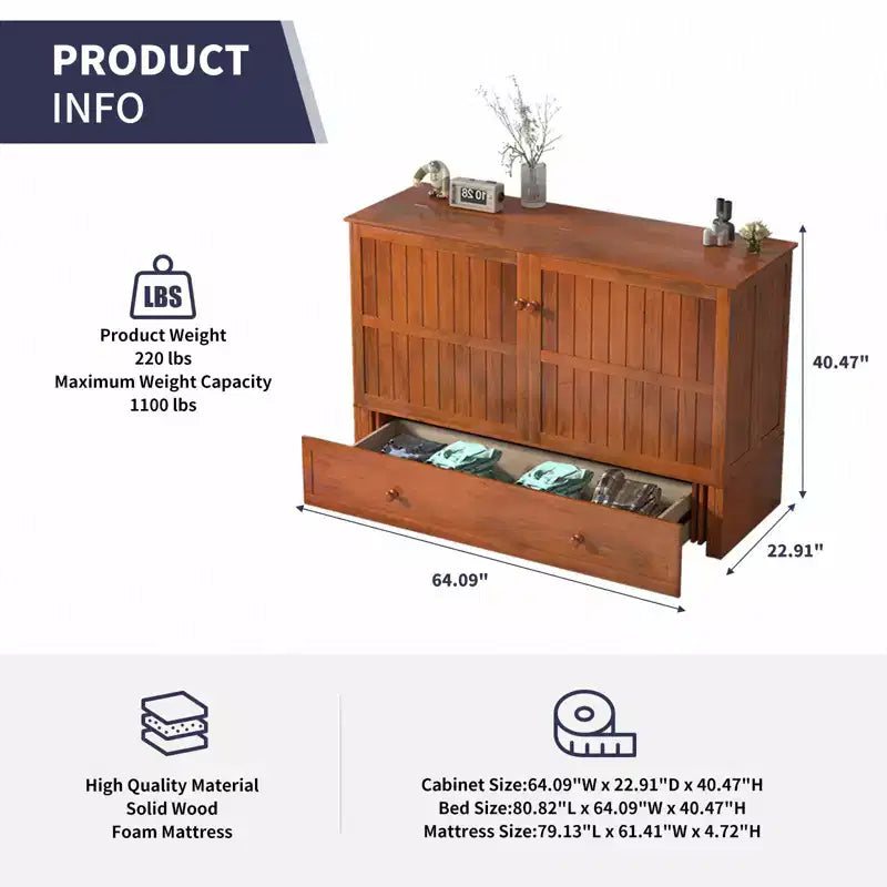 Armoire lit escamotable Queen Size avec port de charge USB, tiroir de rangement et matelas