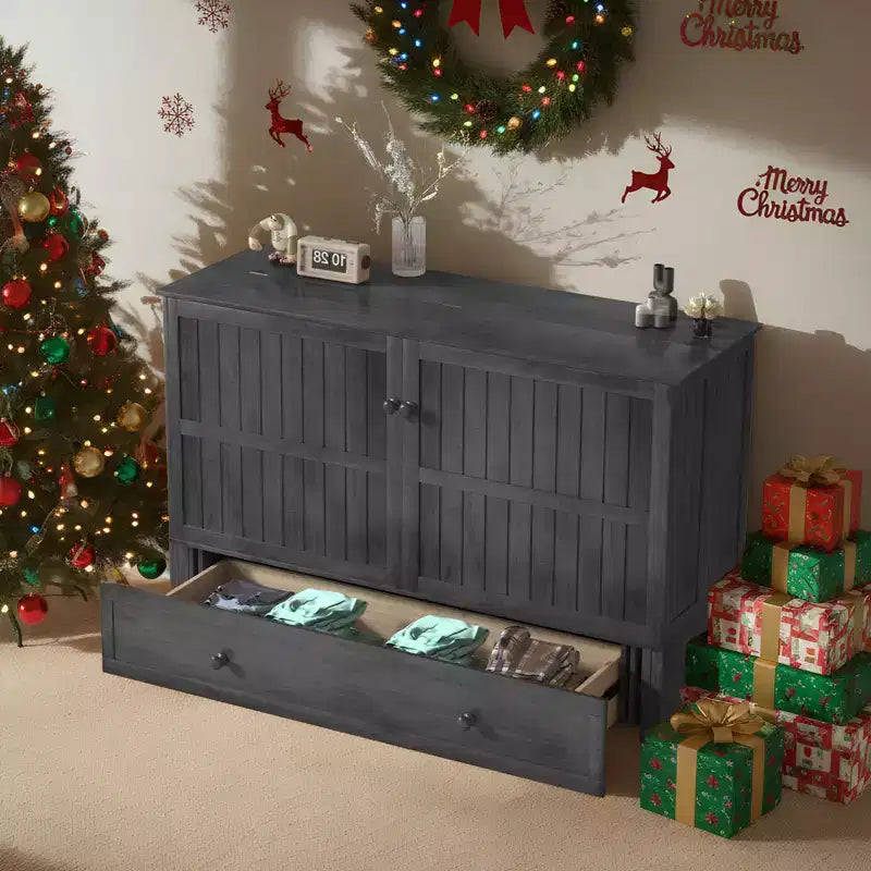 Armoire lit escamotable Queen Size avec port de charge USB, tiroir de rangement et matelas