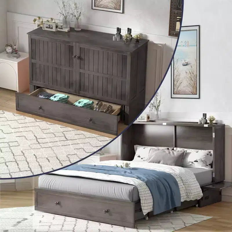 Armoire lit escamotable Queen Size avec port de charge USB, tiroir de rangement et matelas