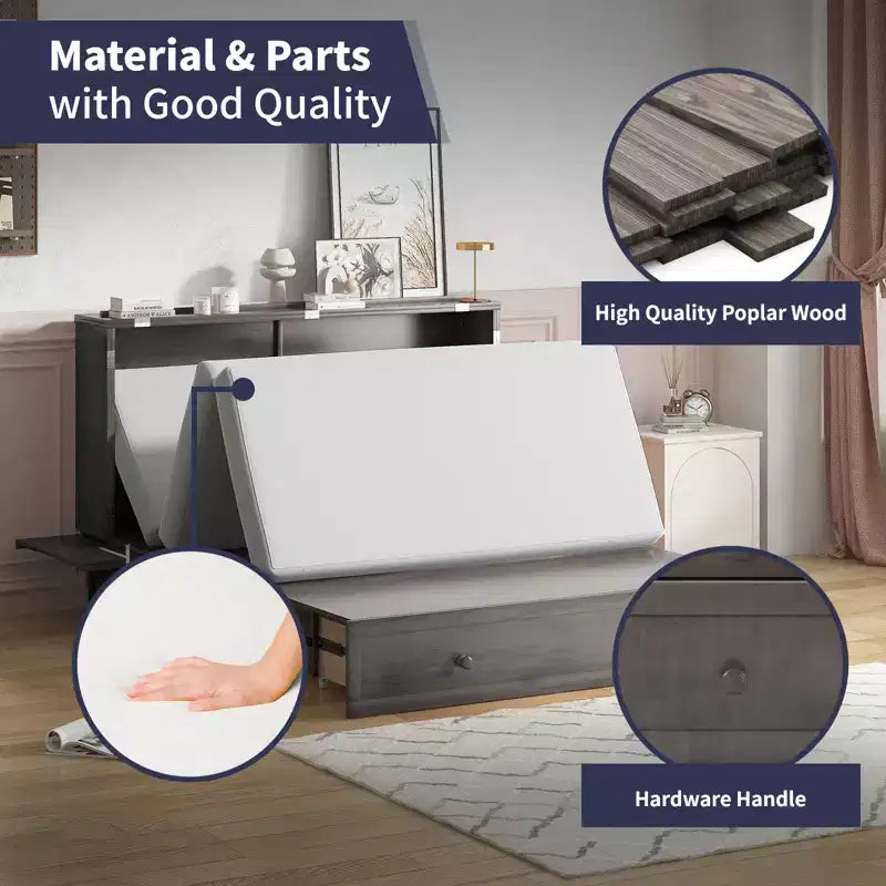 Armoire lit escamotable Queen Size avec port de charge USB, tiroir de rangement et matelas
