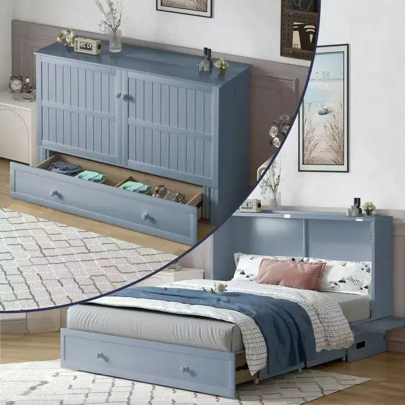 Armoire lit escamotable Queen Size avec port de charge USB, tiroir de rangement et matelas