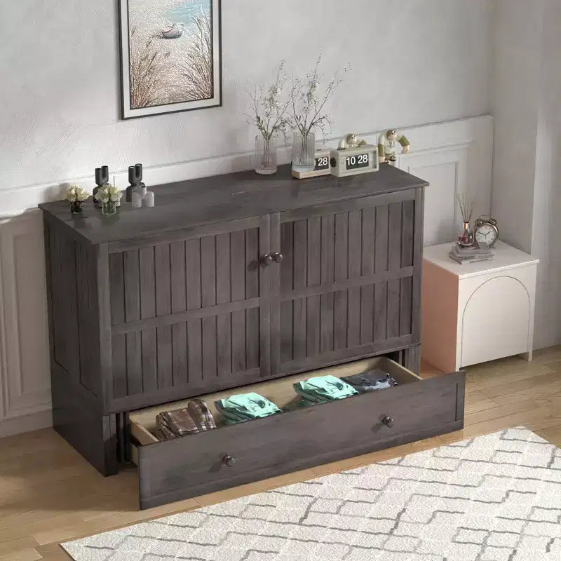 Armoire lit escamotable Queen Size avec port de charge USB, tiroir de rangement et matelas
