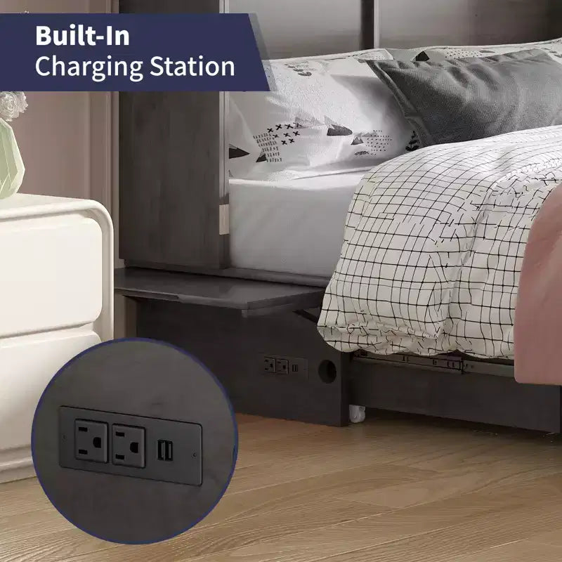 Armoire lit escamotable Queen Size avec port de charge USB, tiroir de rangement et matelas