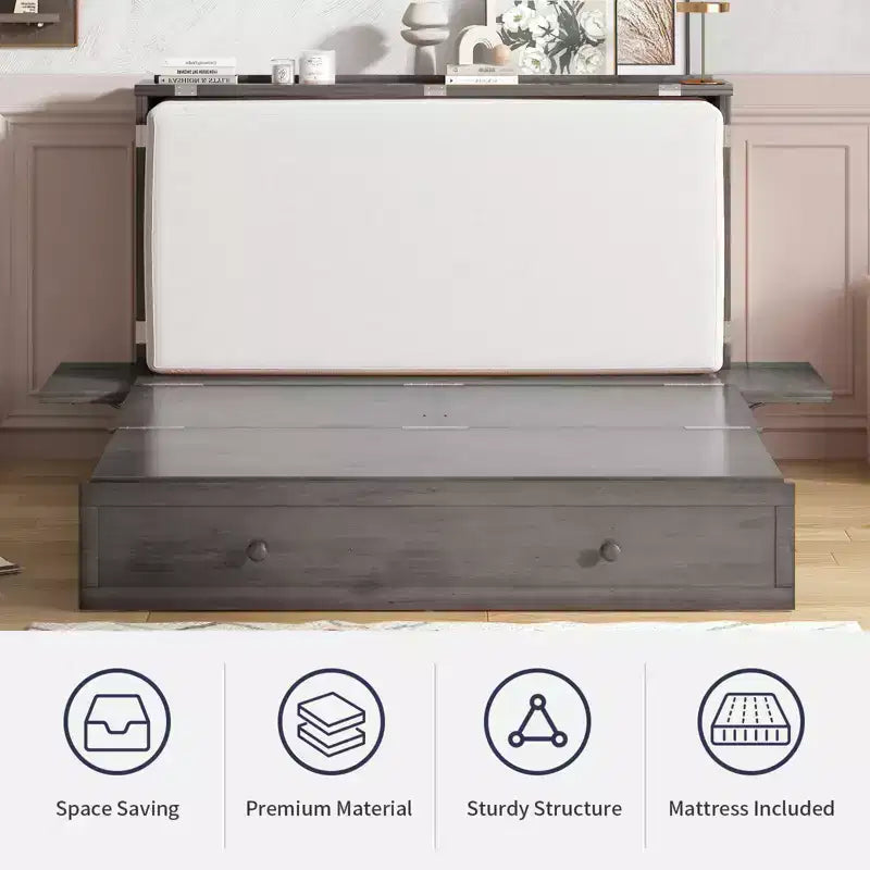 Armoire lit escamotable Queen Size avec port de charge USB, tiroir de rangement et matelas
