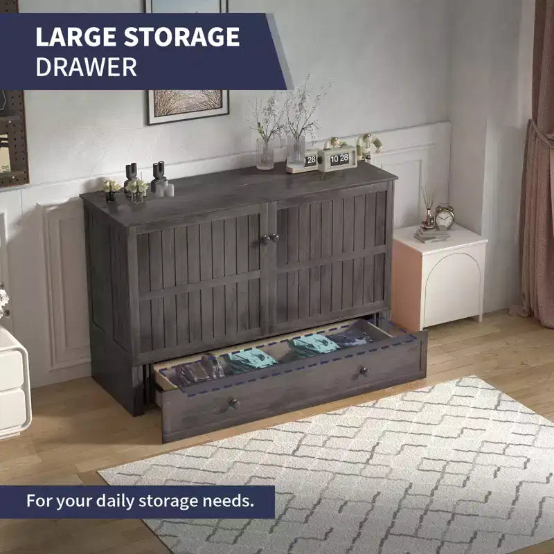 Armoire lit escamotable Queen Size avec port de charge USB, tiroir de rangement et matelas