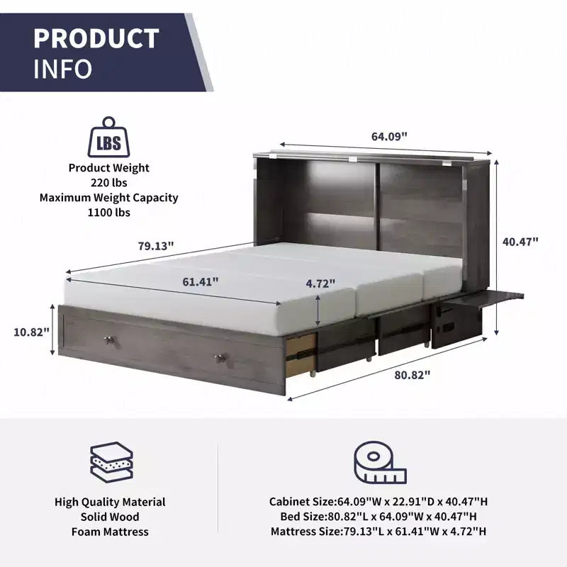 Armoire lit escamotable Queen Size avec port de charge USB, tiroir de rangement et matelas