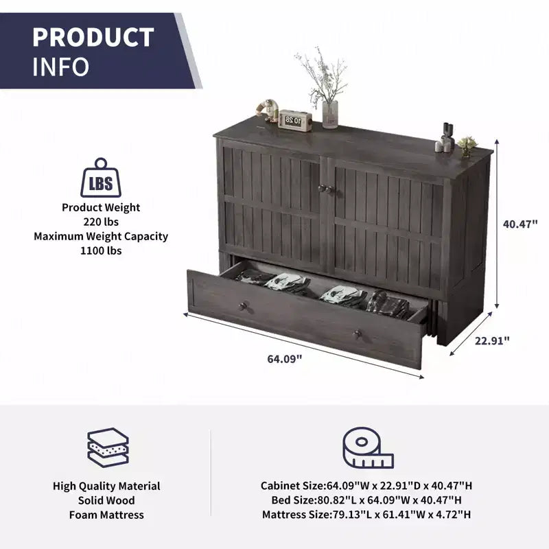 Armoire lit escamotable Queen Size avec port de charge USB, tiroir de rangement et matelas