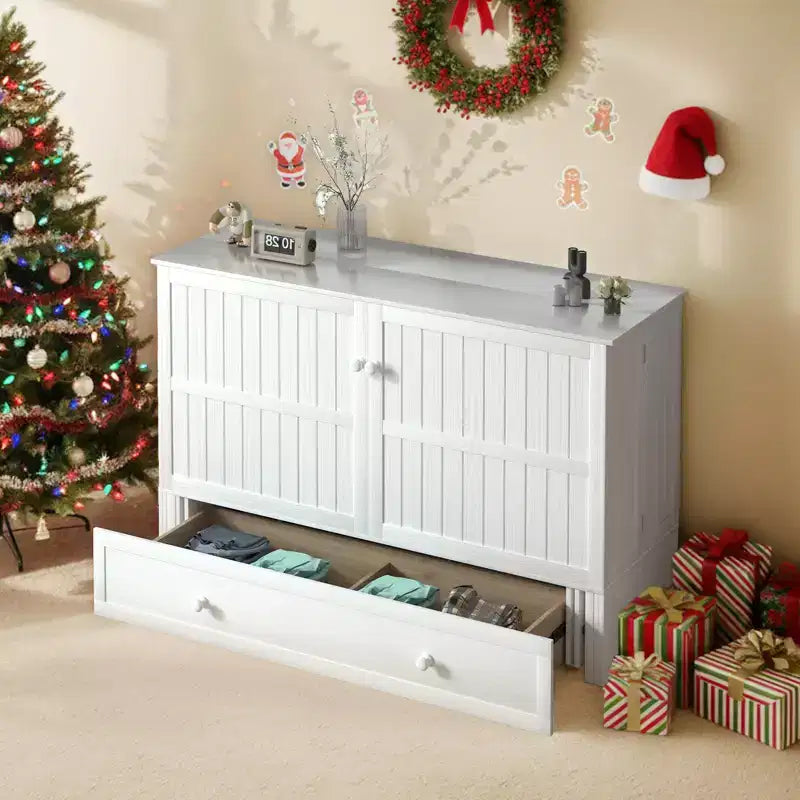 Armoire lit escamotable Queen Size avec port de charge USB, tiroir de rangement et matelas