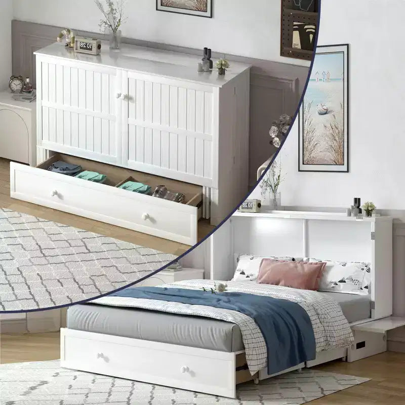 Armoire lit escamotable Queen Size avec port de charge USB, tiroir de rangement et matelas