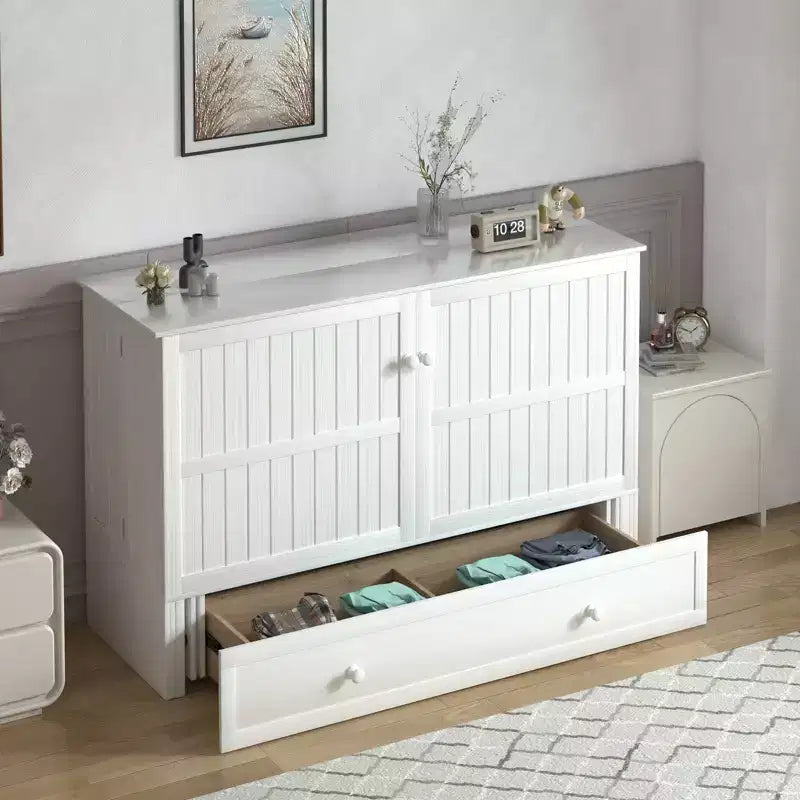 Armoire lit escamotable Queen Size avec port de charge USB, tiroir de rangement et matelas