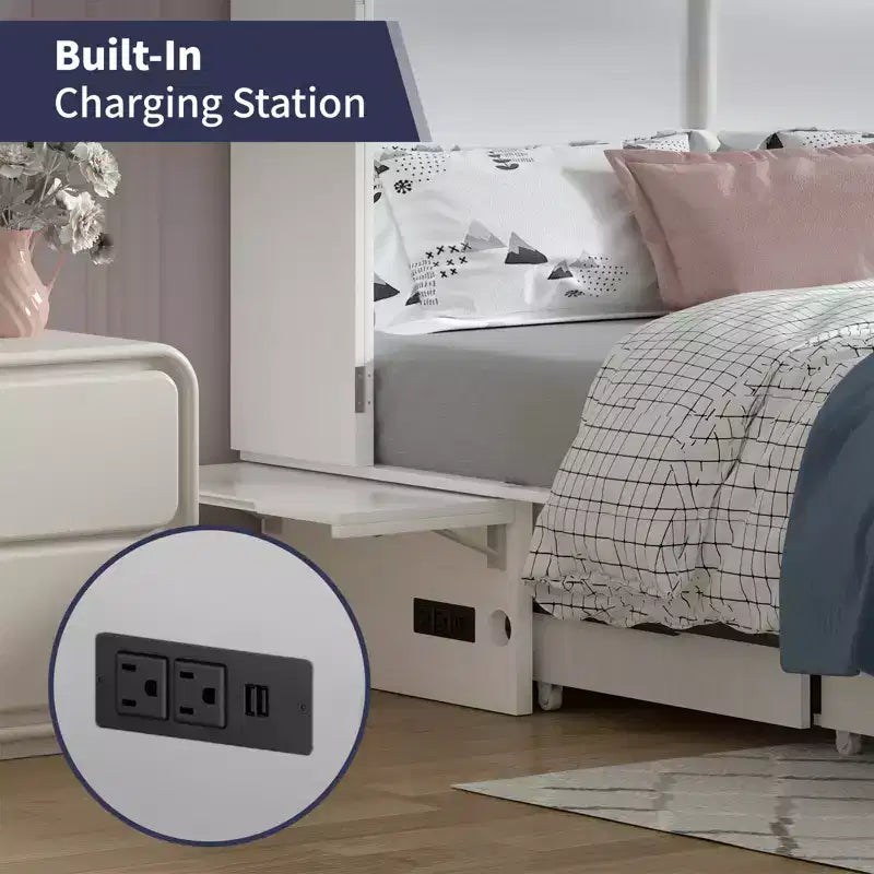 Armoire lit escamotable Queen Size avec port de charge USB, tiroir de rangement et matelas