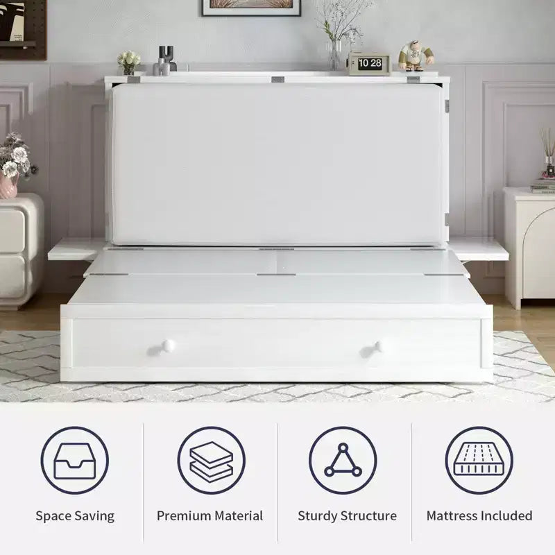 Armoire lit escamotable Queen Size avec port de charge USB, tiroir de rangement et matelas