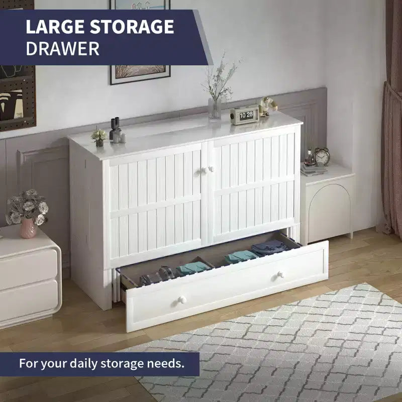 Armoire lit escamotable Queen Size avec port de charge USB, tiroir de rangement et matelas