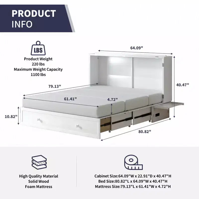 Armoire lit escamotable Queen Size avec port de charge USB, tiroir de rangement et matelas