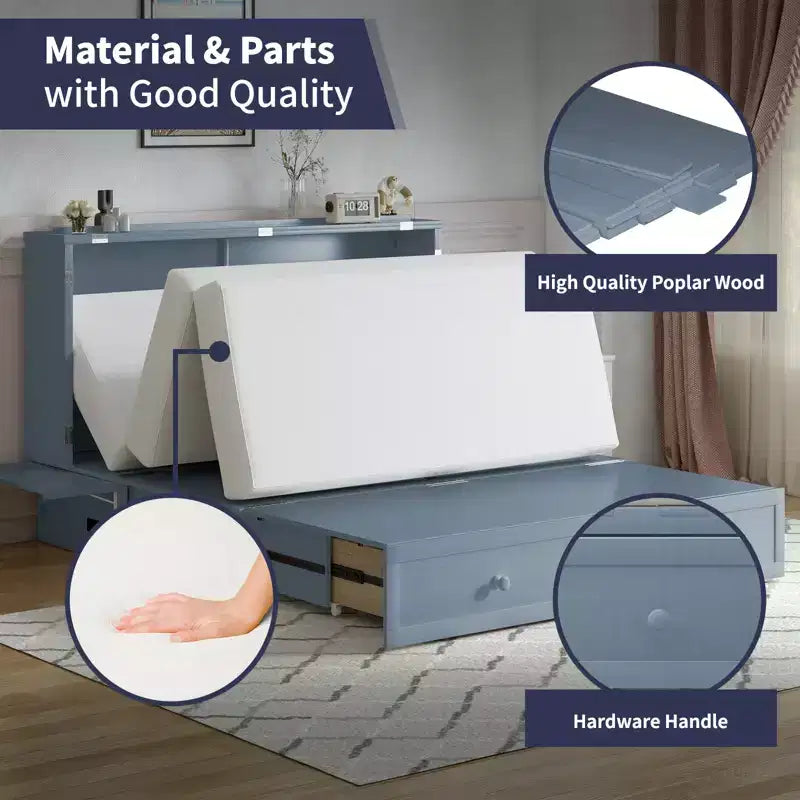Queen Size Murphy Bed Cabinet with USB Charging, Storage Drawer & Mattress
