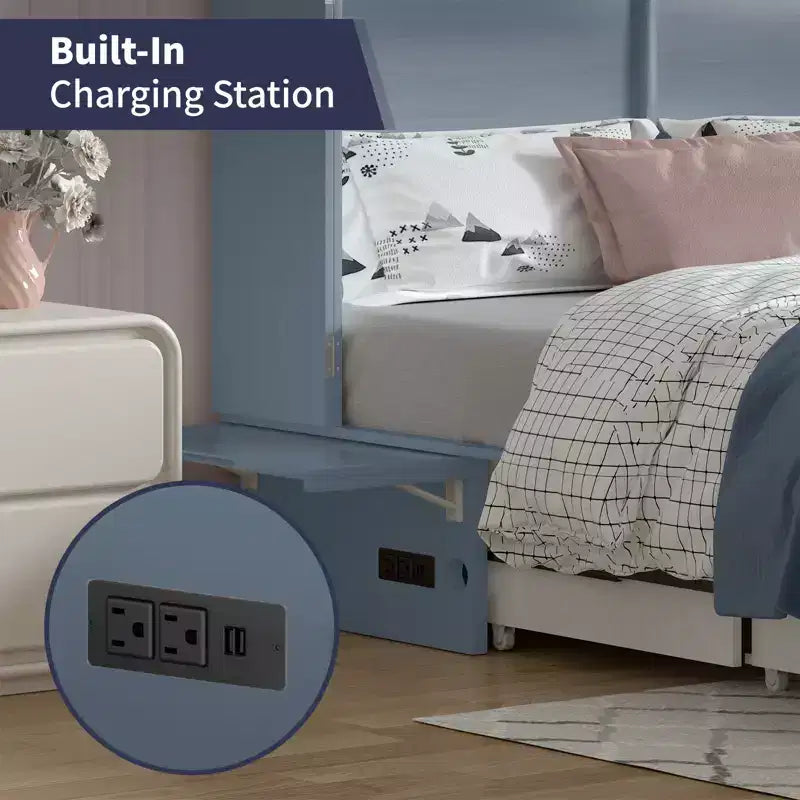 Armoire lit escamotable Queen Size avec port de charge USB, tiroir de rangement et matelas