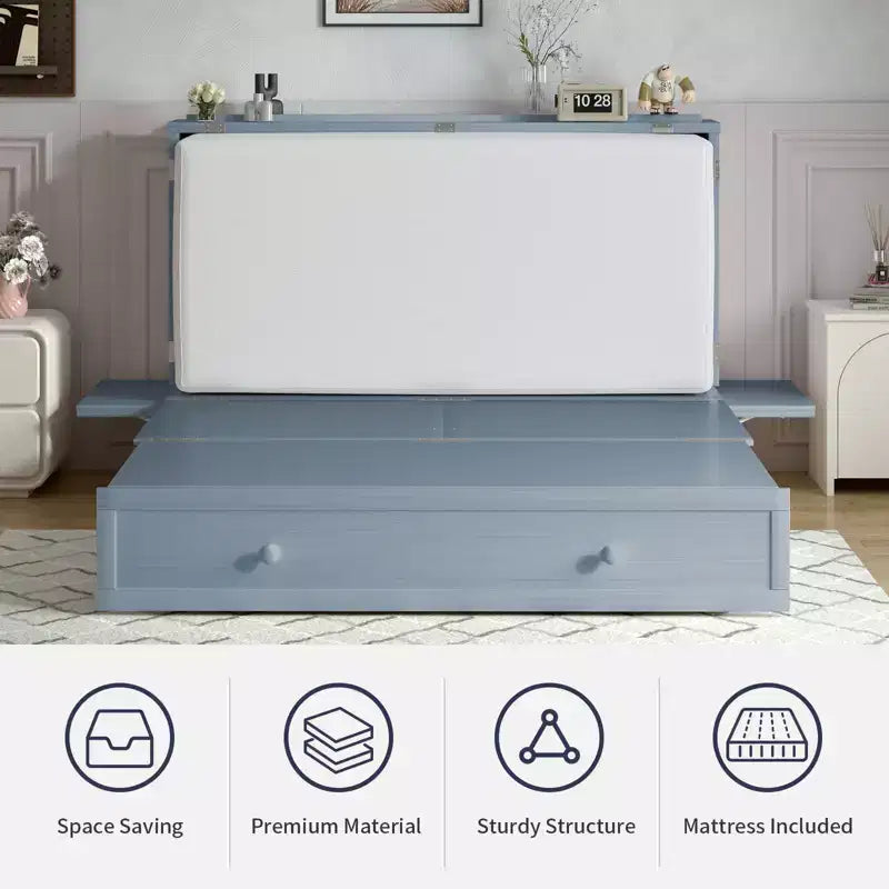 Armoire lit escamotable Queen Size avec port de charge USB, tiroir de rangement et matelas