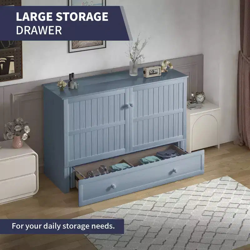 Armoire lit escamotable Queen Size avec port de charge USB, tiroir de rangement et matelas