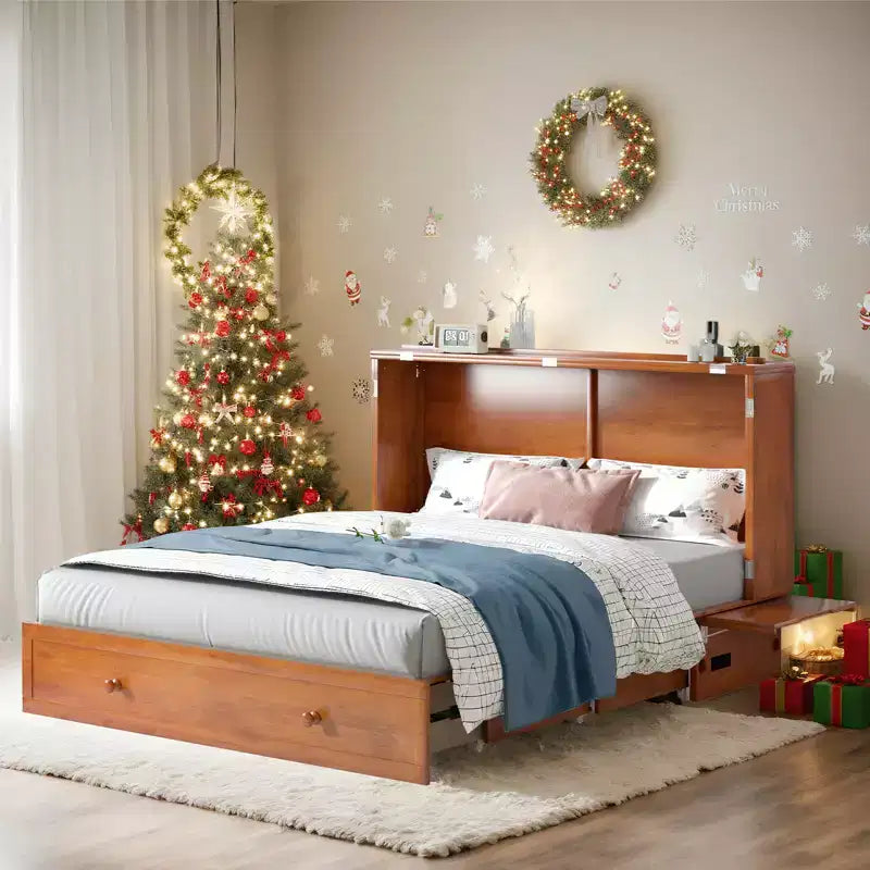 Queen Size Murphy Bed Cabinet with USB Charging, Storage Drawer & Mattress
