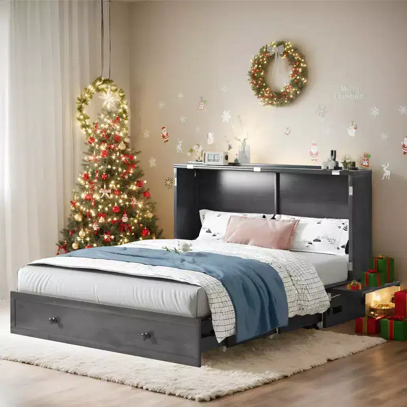 Queen Size Murphy Bed Cabinet with USB Charging, Storage Drawer & Mattress