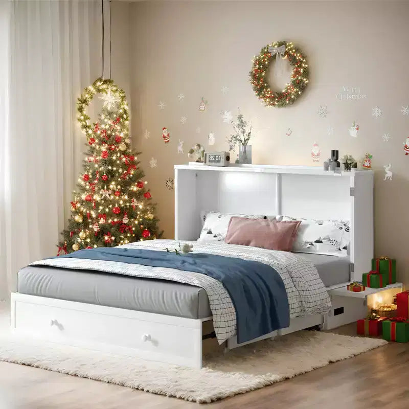 Queen Size Murphy Bed Cabinet with USB Charging, Storage Drawer & Mattress