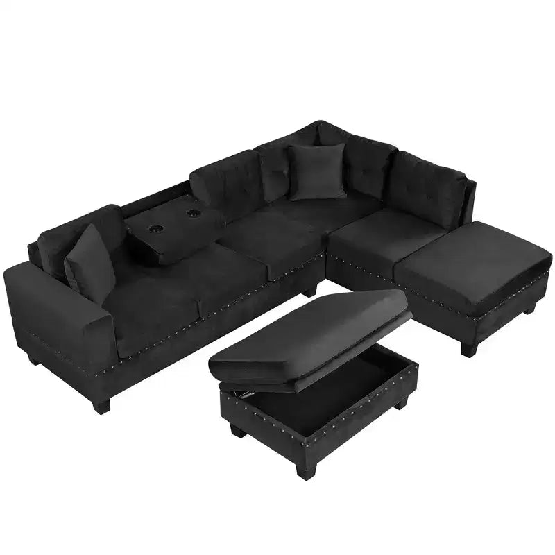 Canapé d'angle moderne en L de 267 cm avec pouf de rangement et 2 oreillers