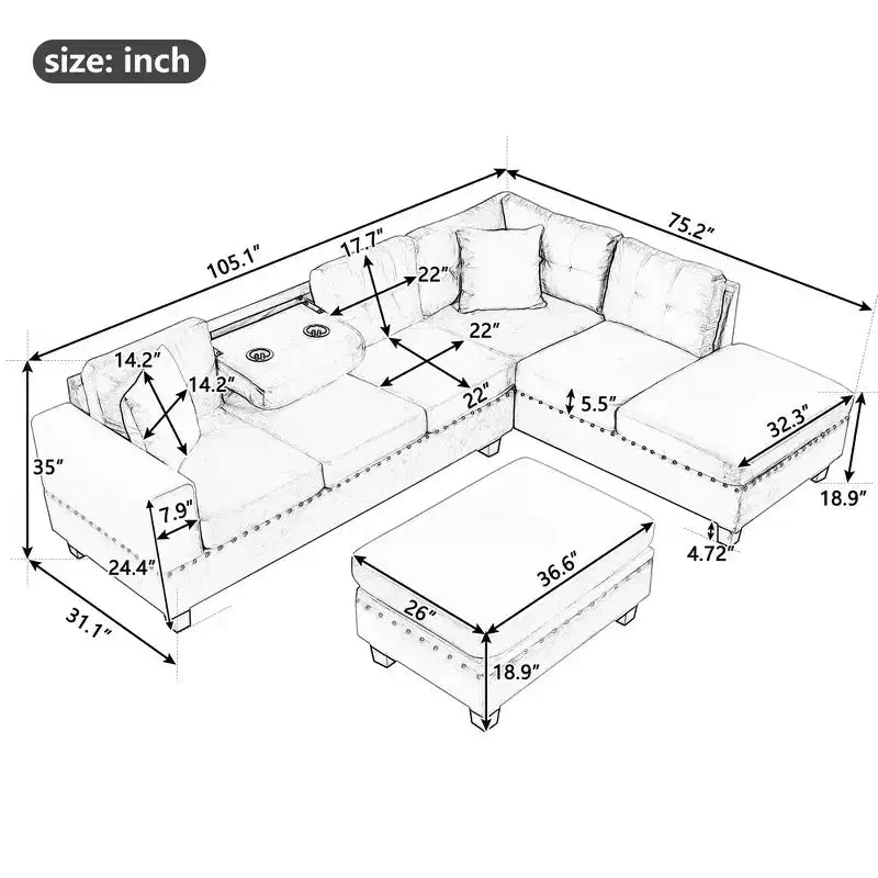 Canapé d'angle moderne en L de 267 cm avec pouf de rangement et 2 oreillers