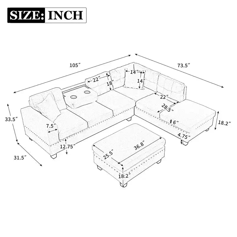 Canapé d'angle moderne en L de 267 cm avec pouf de rangement et 2 oreillers