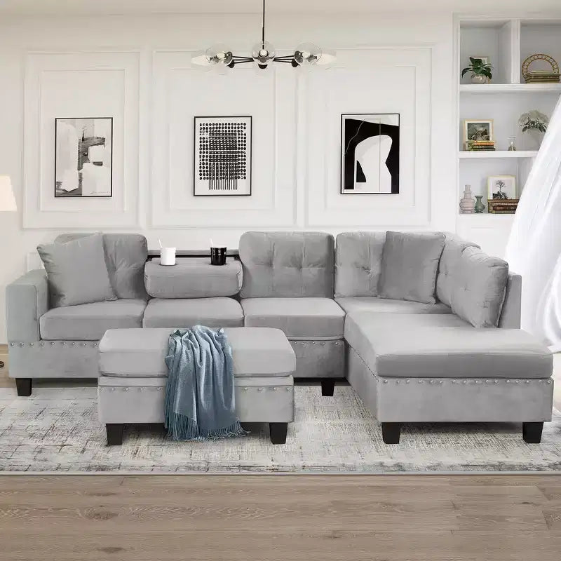 Canapé d'angle moderne en L de 267 cm avec pouf de rangement et 2 oreillers